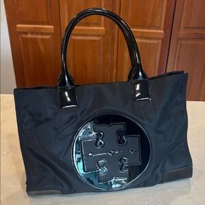 Tory Burch Black Nylon Ella Tote with Patent Logo and Handles